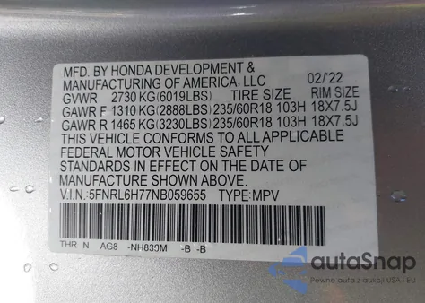 2022 Honda Odyssey Ex-L из США, поврежденный, VIN 5FNRL6H77NB059655